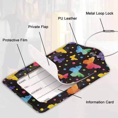 Vista 52 de Juego de 2 etiquetas de cuero para equipaje con diseño de mariposas y loto, cubierta de privacidad, etiqueta de maleta con lazo de acero inoxidable