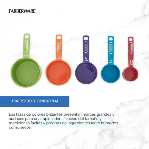 Vista 3 de FARBERWARE Juego de 5 tazas medidoras con cuchara para café, tazas medidoras anidables de plástico duraderas con marcas de fácil lectura, sin BPA