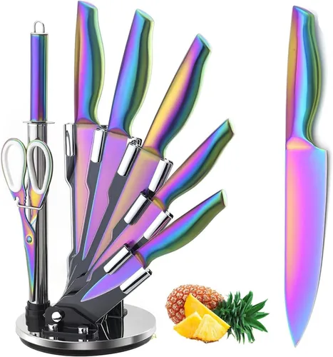 Vista 8 de Juego de cuchillos de cocina dorados con bloque, 8 cuchillos de chef de acero inoxidable de alto carbono con revestimiento de titanio dorado