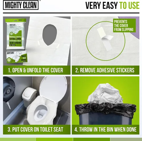 Vista 4 de Mighty Clean - Fundas desechables para asiento de inodoro XL, 100% impermeables, envueltas individualmente, fundas extra anchas para adultos