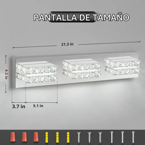Vista 4 de OKELI Lámpara de tocador de cristal para baño, moderna lámpara LED de tocador para baño, lámpara frontal de espejo de cristal de 3 luces, 6000 K
