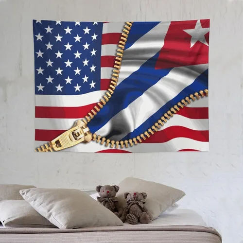 Vista 6 de Tapiz de bandera estadounidense y bandera cubana para dormitorio, tapices negros para colgar en la pared, manta para hombres y mujeres, fiesta