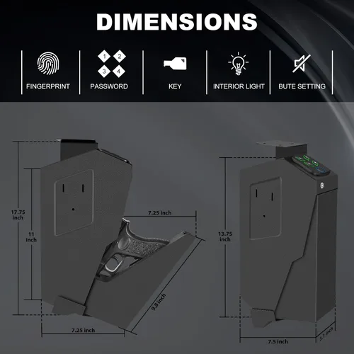 Vista 5 de Caja fuerte biométrica para pistolas para mesita de noche, escritorio, junto a la cama, pared, camión - Caja fuerte oculta con apertura automática