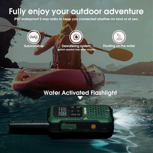 Vista 3 de GOCOM G9 Walkie Talkie impermeable para adultos de largo alcance, radio flotante portátil de dos vías, alerta meteorológica NOAA, SOS, linterna