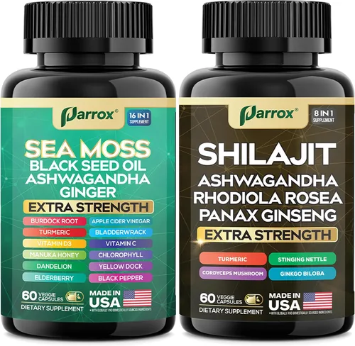 Vista 8 de Paquete de Shilajit y musgo marino, musgo marino 350 mg, aceite de semilla negra 200 mg, Ashwagandha 100 mg, cúrcuma, Shilajit 300 mg, Rhodiola