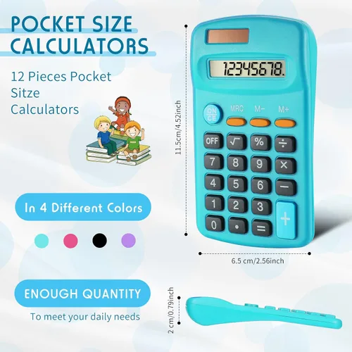 Vista 2 de Paquete de 12 mini calculadoras básicas de tamaño de bolsillo para estudiantes, pantalla de 8 dígitos, batería solar de doble potencia, escritorio