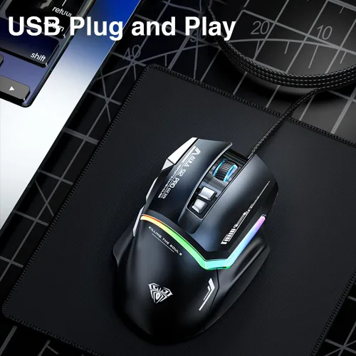 Vista 7 de AULA S12Pro - Mouse para juegos con cable blanco, 12800 DPI óptico gamer con retroiluminación RGB, 8 botones programables, software compatible