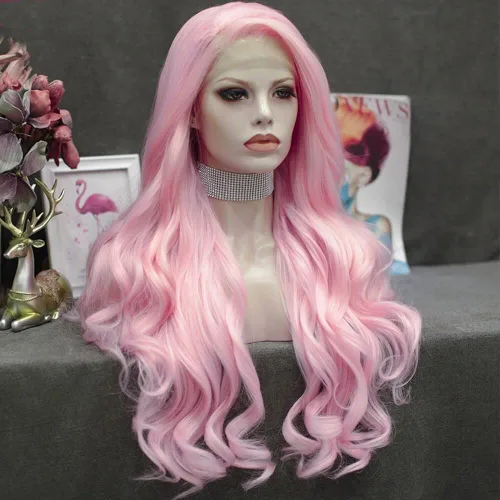 Vista 2 de IMSTYLE Peluca sintética larga y ondulada con encaje frontal rosa para mujer, línea capilar natural, para fiesta de cosplay, Halloween, resistente