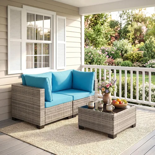 Vista 24 de ANJ Juego de muebles de mimbre para patio de 3 piezas, sofá modular de dos plazas con mesa de centro de cristal, juego de sofá de conversación