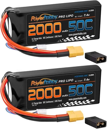 Vista 2 de Powerhobby 2s 7.4v 2000mah 50c Lipo Batería w XT60 Plug + Adaptador (2) Compatible con: Traxxas 1/16 E-Revo Slash Rally Summit