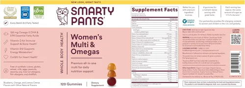 Vista 13 de SmartyPants Gomitas multivitamínicas para mujeres: aceite de pescado Omega 3 (EPA/DHA), metilfolato, CoQ10, vitamina D3, C, vitamina B12, B6, A, K
