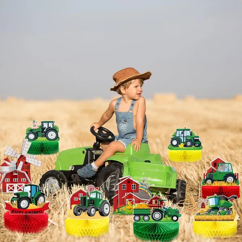 Vista 6 de 9 piezas de centro de mesa de nido de abeja de tractor, decoración de fiesta de cumpleaños con temática de tractor verde de granja, decoración