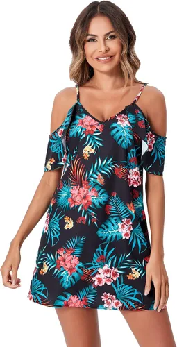 Vista 5 de Floerns Vestido bohemio de manga corta con hombros descubiertos y estampado tropical para mujer