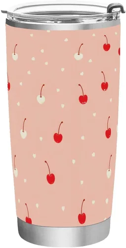 Vista 26 de ALAZA Vaso de viaje aislado con diseño de lunares y fresa con tapa y pajita, botella de agua al vacío de doble pared para automóvil, acero