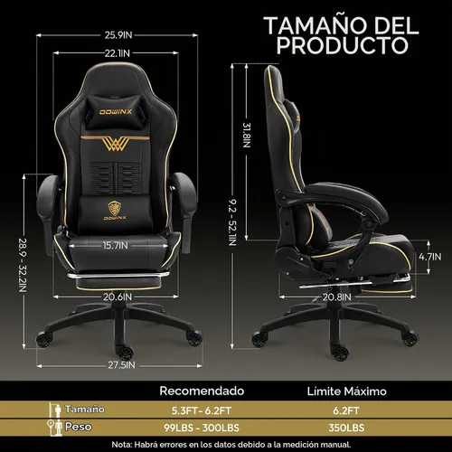 Vista 2 de Dowinx - Silla de juegos grande y alta, 350 libras con reposapiés lumbar de masaje Negro