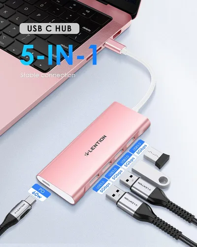 Vista 2 de LENTION 5-in-1 USB-C Hub, 4 USB3.0, 60W Charging, Multiport Adapter Ideal for Work & Study, Stable Driver 3.0 Certified, Compatible with macOS