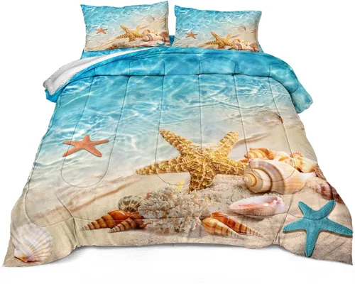 Vista 4 de Bedbay Juego de edredón con temática de playa, juego de edredón costero tamaño Queen, vida marina, turquesa, estrellas de mar, juego de edredón
