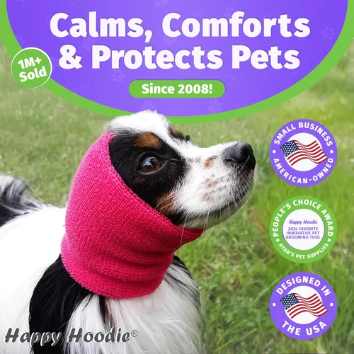 Vista 2 de Happy Hoodie The Original Dog & Cat Calming Band – Marca americana – Alivio de la Ansiedad/Protección de Ruido, Aseo, Thunder-Fireworks Paquete de 2