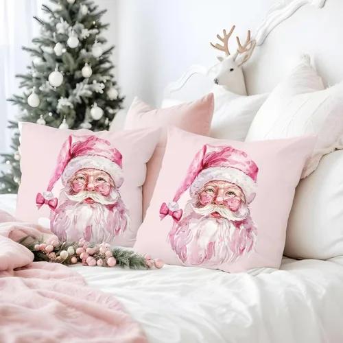 Vista 3 de Fundas de almohada de Papá Noel, 18x18 - Decoración de Navidad rosa, Papá Noel, para sofá y sala de estar, dormitorio Almohada-sd-04