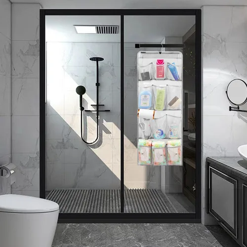 Vista 5 de Organizador de ducha de malla con soporte colgante, de secado rápido, para almacenamiento en el baño, con accesorios de tocador y gancho giratorio