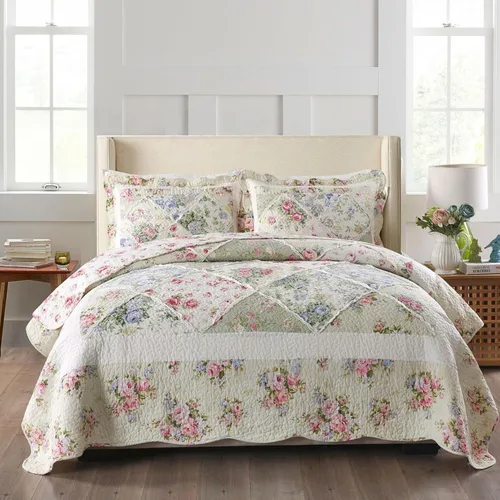 Vista 11 de ABREEZE Juego de edredón acolchado de algodón con diseño de retazos florales y rosas azules, juego de colcha rústica de 3 piezas