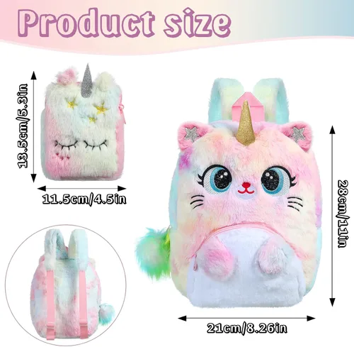 Vista 2 de Juego de 2 mochilas de unicornio para gatos, juego de 2 bolsas de hombro Kawaii para niños y niñas pequeñas, Rosado, Lindo