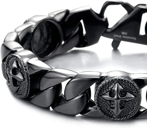Vista 3 de Pulsera de eslabones de cadena de acero inoxidable para hombre con dijes de cruz vintage