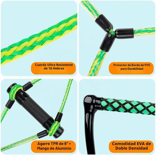 Vista 4 de Obcursco Cuerda Wakeboard, línea de deportes acuáticos con mango EVA. Ideal para esquí acuático, wakeboard, rodillera 2 secciones verde y amarillo