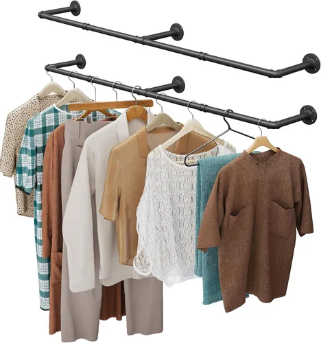 Vista 10 de OROPY Perchero de ropa, 166.9 cm de tubo industrial para colgar ropa, perchero de ropa montado en la pared, resistente y que ahorra espacio