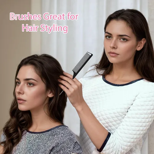 Vista 2 de Peines de cola de rata, 3 piezas para mujer, juego de peines profesionales para seccionar el cabello Rosado