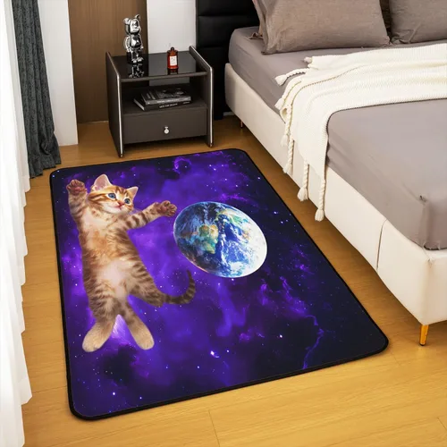 Vista 4 de Alfombra decorativa de gato de espacio exterior de 3 x 5 pies, diseño de plantas y gatitos, para niños, adolescentes, galaxia, cielo estrellado