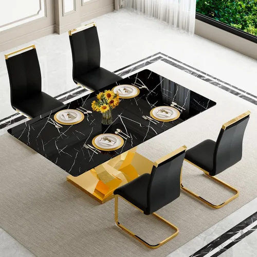 Vista 10 de Juego de mesa de comedor negra para 4, 63 x 35.4 x 30 pulgadas, mesa de comedor moderna rectangular con patas y base de acero inoxidable, sillas