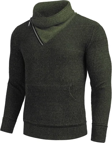 Vista 4 de COOFANDY - Suéteres de cuello chal para hombre de punto con cuello de tortuga, cuello alto, ajustado, con bolsillos Verde militar