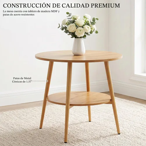Vista 3 de HIPIHOM Farmhouse Round Oak Dining Table, 31.5 Inch Steel Legs for 2-4