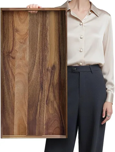 Vista 10 de MAONAME Bandeja otomana extra grande, bandeja de servir de madera de acacia de 22 x 18 pulgadas con asas, bandejas decorativas de madera