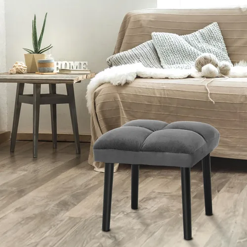 Vista 8 de Taburete de tocador gris, taburete cuadrado de maquillaje con patas de madera, silla otomana pequeña para tocador, asiento acolchado moderno