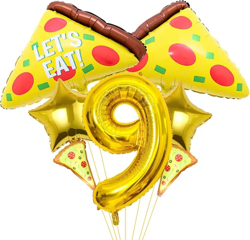 Vista 8 de 7 globos de pizza, número de cumpleaños de pizza, globos de aluminio de Mylar para pizza, suministros de fiesta, decoraciones de cumpleaños
