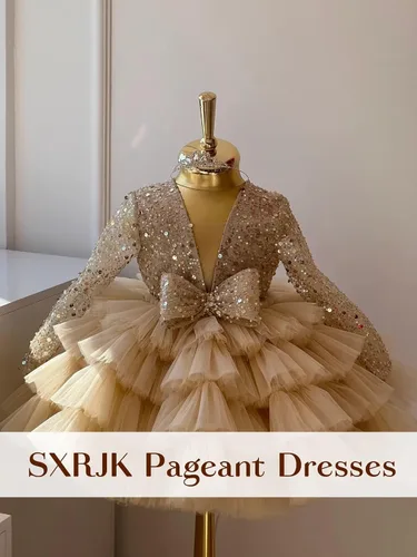 Vista 2 de Sequins Pageant Dress for Girls Tulle Flower Girl Dresses for Wedding Birthday Princess Party Ball Gowns for Baby Kids