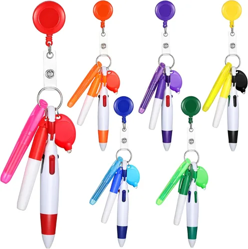 Vista 14 de 30 piezas de clip retráctil para bolígrafo de lanzadera con mini resaltador, bolígrafo de insignia de enfermera, marcador de neón, llavero LED, clip