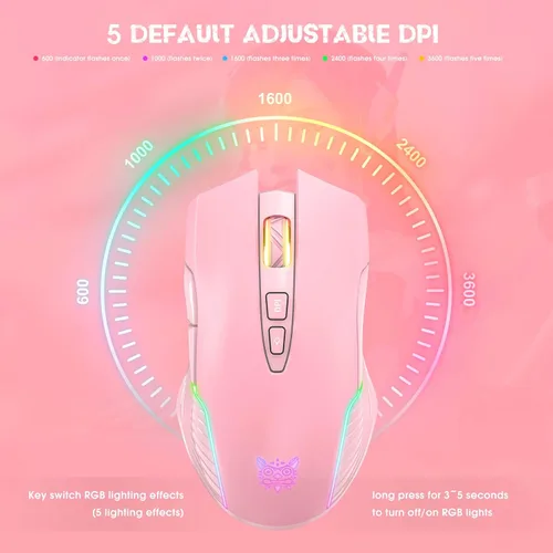 Vista 3 de SIMGAL Ratón inalámbrico RGB para juegos, rosa, recargable, diseño ergonómico, DPI ajustable, compatible con Windows, Mac
