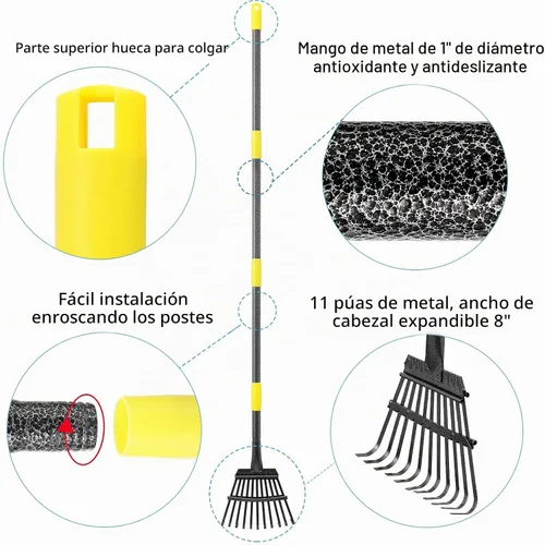 Vista 2 de Oliynedy Rastrillo de jardín de metal ajustable para hojas, mango largo de 30 a 60 pulgadas, 11 dientes de 9 pulgadas de ancho, rastrillo plegable