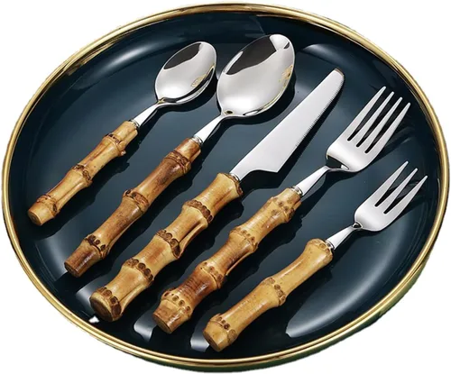 Vista 8 de Juego de cubiertos de bambú de 20 piezas con mango de bambú, juego de cubiertos de acero inoxidable, utensilios de cocina para el hogar