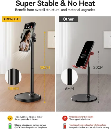 Vista 3 de DIMONCOAT Soporte de teléfono para escritorio, soporte de teléfono ajustable en ángulo y altura para escritorio, soporte universal de aleación