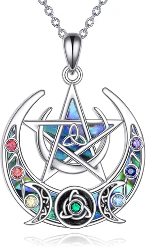 Vista 26 de LUHE Collar de plata de ley con dije de pentagrama de chakras y luna, pentáculo, celta, pagano, wiccano, amuleto mágico para mujeres, adolescentes
