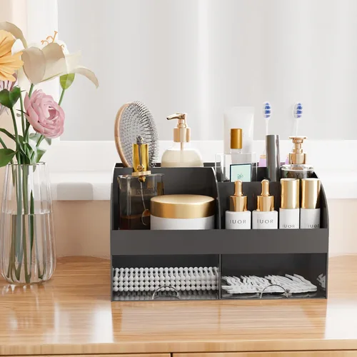 Vista 6 de Organizador de maquillaje con cajones, almacenamiento de cosméticos para tocador y encimera de baño, soporte de belleza para lápiz labial y brochas