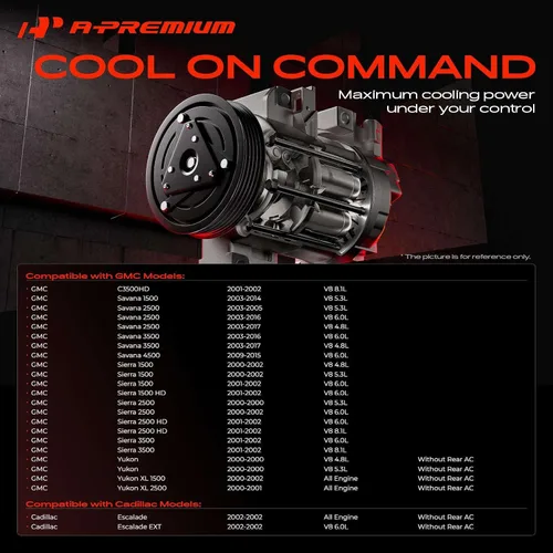 Vista 4 de Compresor de aire A-Premium con embrague compatible con modelos Chevrolet, GMC - Silverado, Sierra, Tahoe, Yukon, Suburban, Express, Escalade