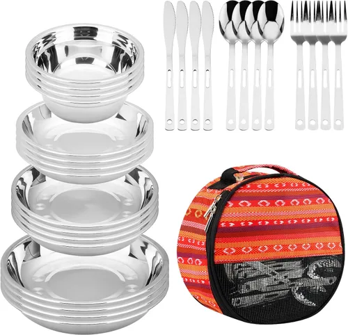 Vista 8 de Kit de 28 piezas de vajilla para acampar, regalos de camping, juegos de utensilios de cocina, accesorios de camping, utensilios de cocina para Negro