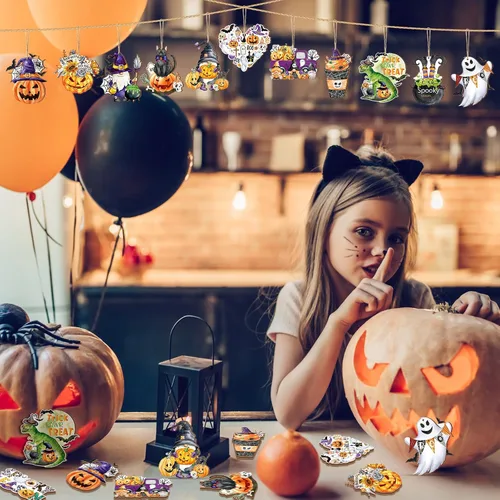 Vista 4 de 36 adornos colgantes de madera de Halloween, calabaza, murciélago, fantasma, gato negro, colgante de rebanadas, decoración de madera para el hogar