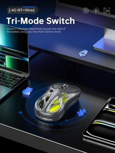 Vista 2 de FMOUSE Ratón inalámbrico para juegos, trimodo (2.4 G/Bluetooth/cableado), 4800 DPI, 1000 Hz ergonómico hueco RGB recargable tipo C para Gris