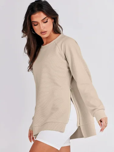 Vista 3 de ANRABESS Sudaderas de manga larga para mujer, cuello redondo, suave, con cremallera lateral, ropa 2023